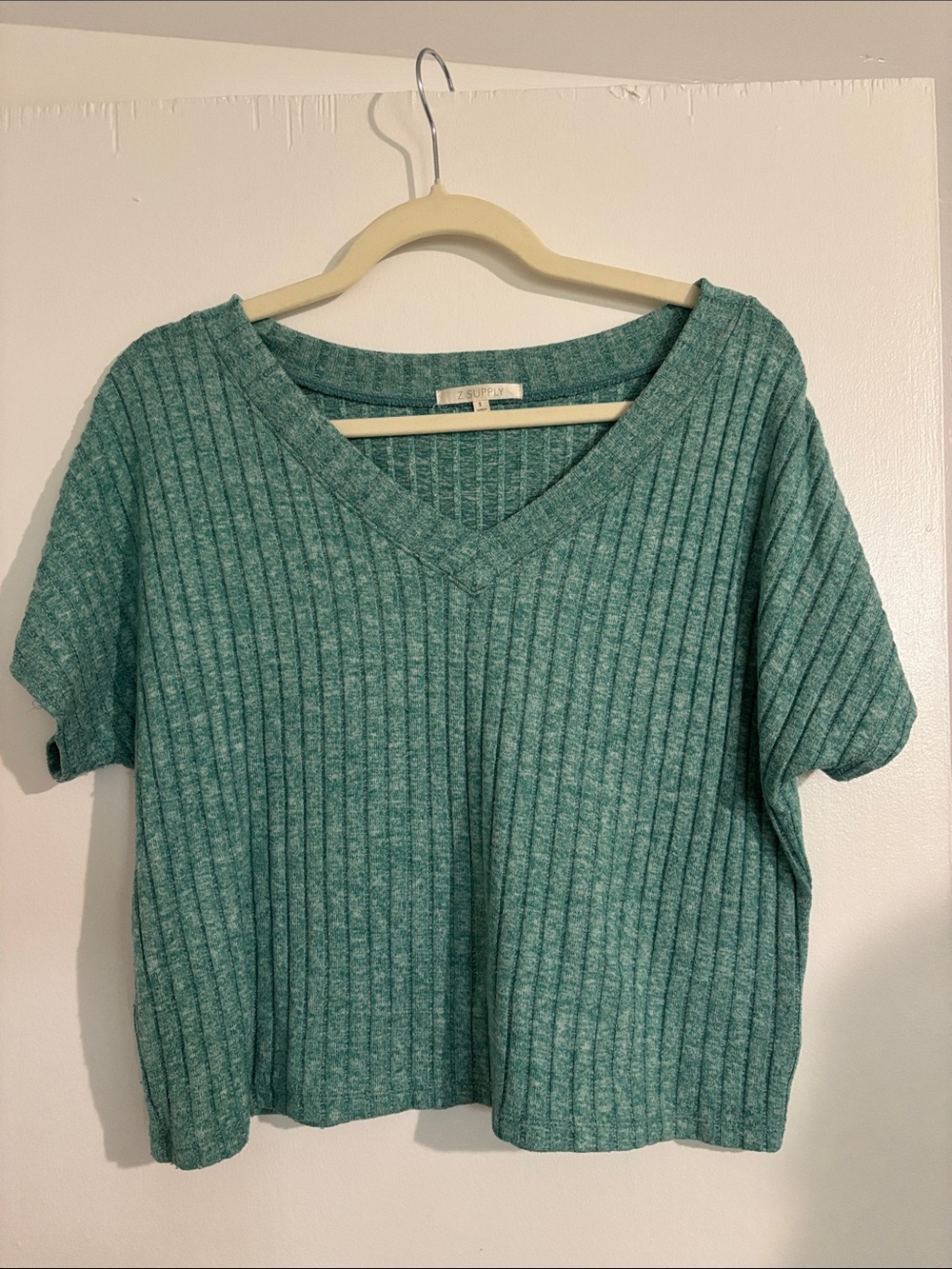 Z Supply Teal Ribbed V-Neck Short Sleeve Sweater